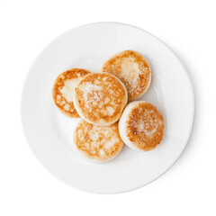 Plate of delicious cottage cheese pancakes isolated on white background