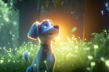Obraz na płótnie Canvas Dog In A Magical Forest At Sunset Generative AI