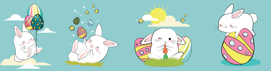 Happy Easter, decorated easter card, banner. Bunnies, Easter eggs, flowers and basket. Folk style patterned design. . Vector illustration