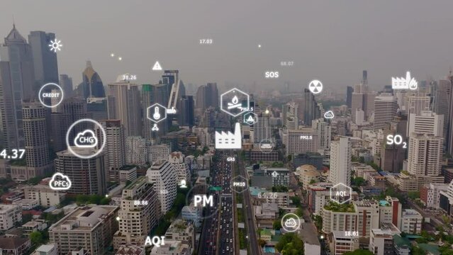 Save the planet CO2 emission global social issues. Aerial urban town bad sky view smoke stack crisis traffic car danger toxic, heat haze. Earth day big data smart AI dirty PM dust index protect future