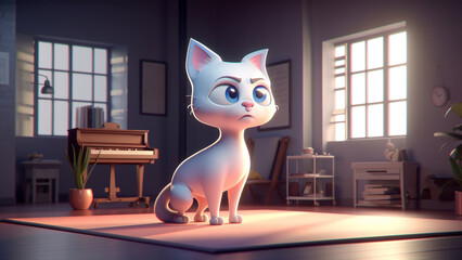 A cute and small white cat, cartoon, character, Generative AI