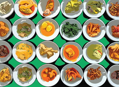 Food menu arrangement in Minang style dishes, West Sumatra, Indonesia. Padang restaurant