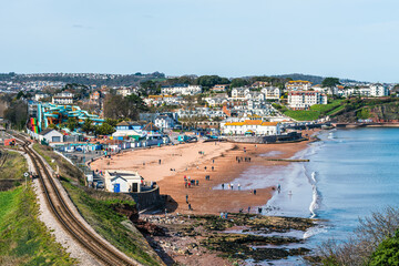 Goodrington Beach and Goodrington Promenade from a drone, Paignton, Devon, England, Europe	