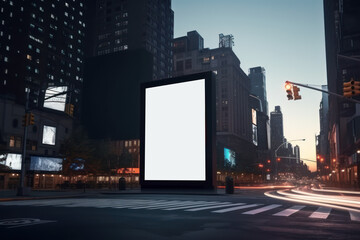 Blank billboard on the street. blank white billboard at bus stop on city street. In the background buildings and road. Mock up. Poster on street next to roadway.  Generative AI