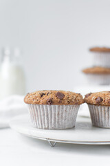 Homemade chocolate chip muffins with selective focus, bakery style chocolate chip muffins with white liners