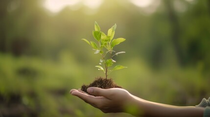 New beginnings Holding a small plant sprout in hands person , flower in soil palm, sprout new tree growing earth, nature ecology concept, generative ai