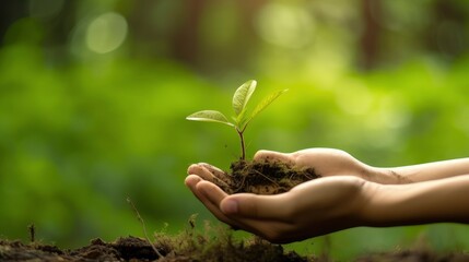 New beginnings Holding a small plant sprout in hands person , flower in soil palm, sprout new tree growing earth, nature ecology concept, generative ai