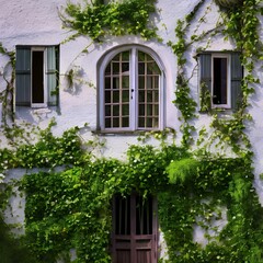 Fototapeta na wymiar An old, crumbling courtyard house with ivy crawling up the walls1, Generative AI