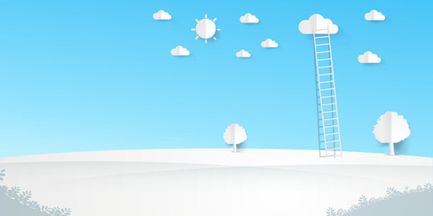 A ladder reaching up to the clouds against on pop up paper art style illustration © es7sense