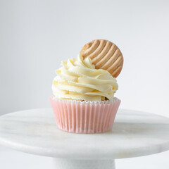 Pink cupcakes with tall american buttercream swirl and cookie garnish, cupcakes in pink liners with a tall vanilla buttercream and a cookie, birthday cupcakes on a white background