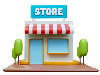 3D Convenience Store Building with awning and tree. Online shopping Concepts.  Commercial architecture exterior street retail market local store. Sale storefront small business. 3d rendering