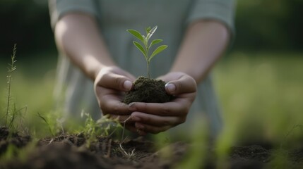 Naklejka na ściany i meble New beginnings Holding a small plant sprout in hands person , flower in soil palm, sprout new tree growing earth, nature ecology concept, generative ai