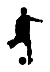 Fototapeta na wymiar silhouette of a football athlete kicking a soccer ball. male athlete shooting ball. suitable for poster, sticker, print, web, and more. vector illustration.