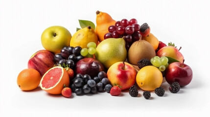 Naklejka na ściany i meble Composition with fresh fruits isolated on white background. Health food. Created using Generative AI technology.