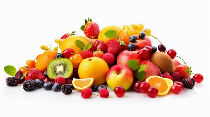 Composition with fresh fruits isolated on white background. Health food. Created using Generative AI technology.