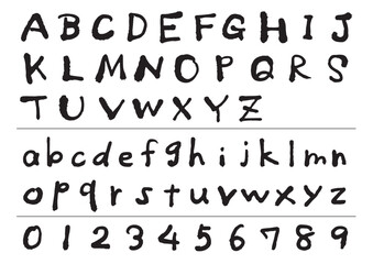 黒いインクでラフに書いたアルファベットと数字のセット