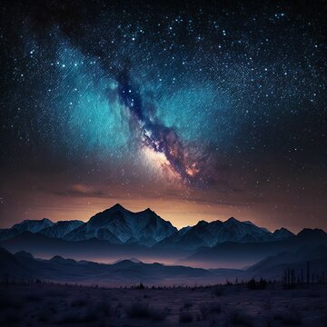 
Sch&ouml;ner Himmel mit Bergen im Hintergrund kaltes Wetter mit Schnee und Galaxie