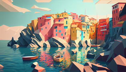 Low-poly pastel colors of Mediterranean cityscape as viewed from the sea. Serene and tranquil scene with a unique artistic style. Perfect for design and decoration. Generative AI.