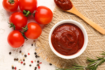 Napkin with bowl and spoon of tasty tomato paste on white grunge background