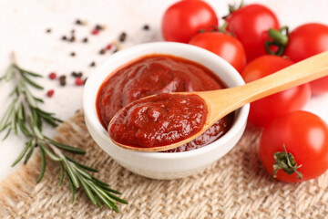 Napkin with bowl and spoon of tasty tomato paste on white grunge background