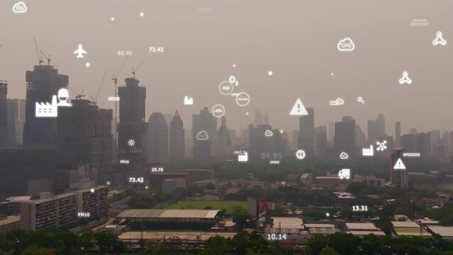 Save the planet CO2 emission global social issues. Aerial urban town bad sky view smoke stack crisis traffic car danger toxic, heat haze. Earth day big data smart AI dirty PM dust index protect future