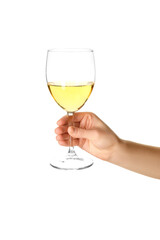 Female hand holding glass of wine isolated on white background