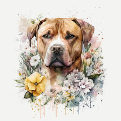 A painting of a dog with flowers on it. Dog portrait in floral watercolor. Generative AI