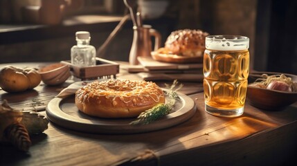 Bavarian food with beer on a wooden table. Generative AI