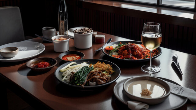 Korean dishes with wine, laid out on a wooden restaurant table. AI generated.