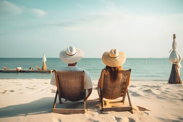 Fototapeta na wymiar Happy couple enjoy sun bathing on the beach during summer vacation. Generative AI