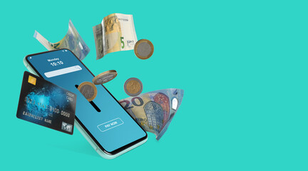 Online payment. Coins falling into slot in mobile phone, euro banknotes and credit card on...