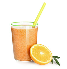 Glass of healthy orange smoothie isolated on white background