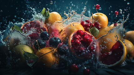 Fototapeta na wymiar Fruits with water splash on black background. generative ai