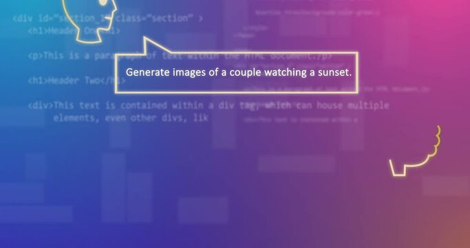 Animation of ai technology chat and images of sunset over data processing