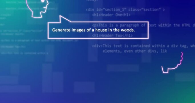 Animation of ai technology chat and images of house in woods over data processing