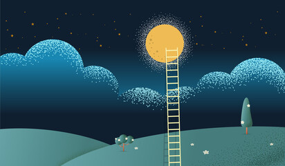 A ladder reaching up to the moon against on night scene texture style concept illustration. © es7sense