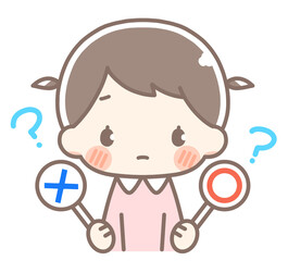 マルとバツの札で悩む女の子