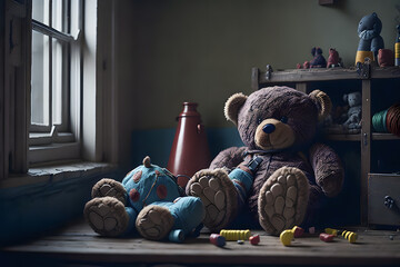 Abandoned teddy bear sit alone in a room for child abuse or loneliness concept. Generative AI