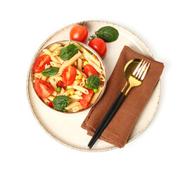 Bowl with tasty pasta salad on white background