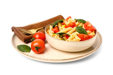 Bowl with tasty pasta salad on white background