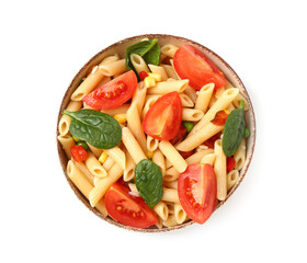 Bowl with tasty pasta salad on white background