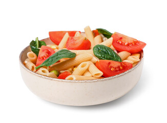 Bowl with tasty pasta salad on white background