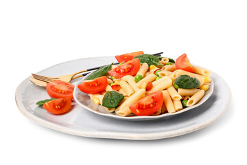 Plate with tasty pasta salad on white background