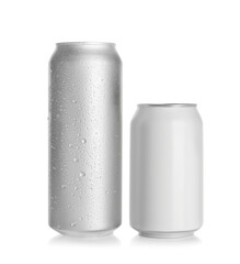 Aluminum cans with drinks on white background
