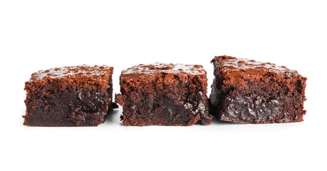 Pieces of tasty chocolate brownie isolated on white background