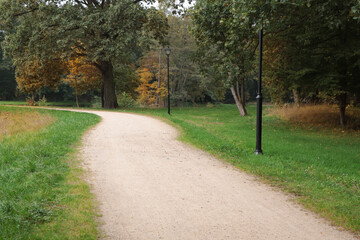 Beautiful public city park with pathway and green grass