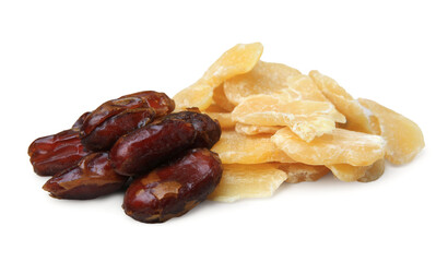 Pile of tasty dried pineapple and dates on white background. Healthy snack