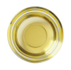 Glass bowl of cooking oil isolated on white, top view