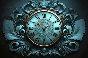 Beautiful antique clock in shades of blue. Generative AI.