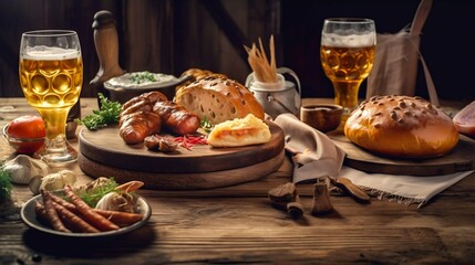 Bavarian food with beer on a wooden table. Generative AI